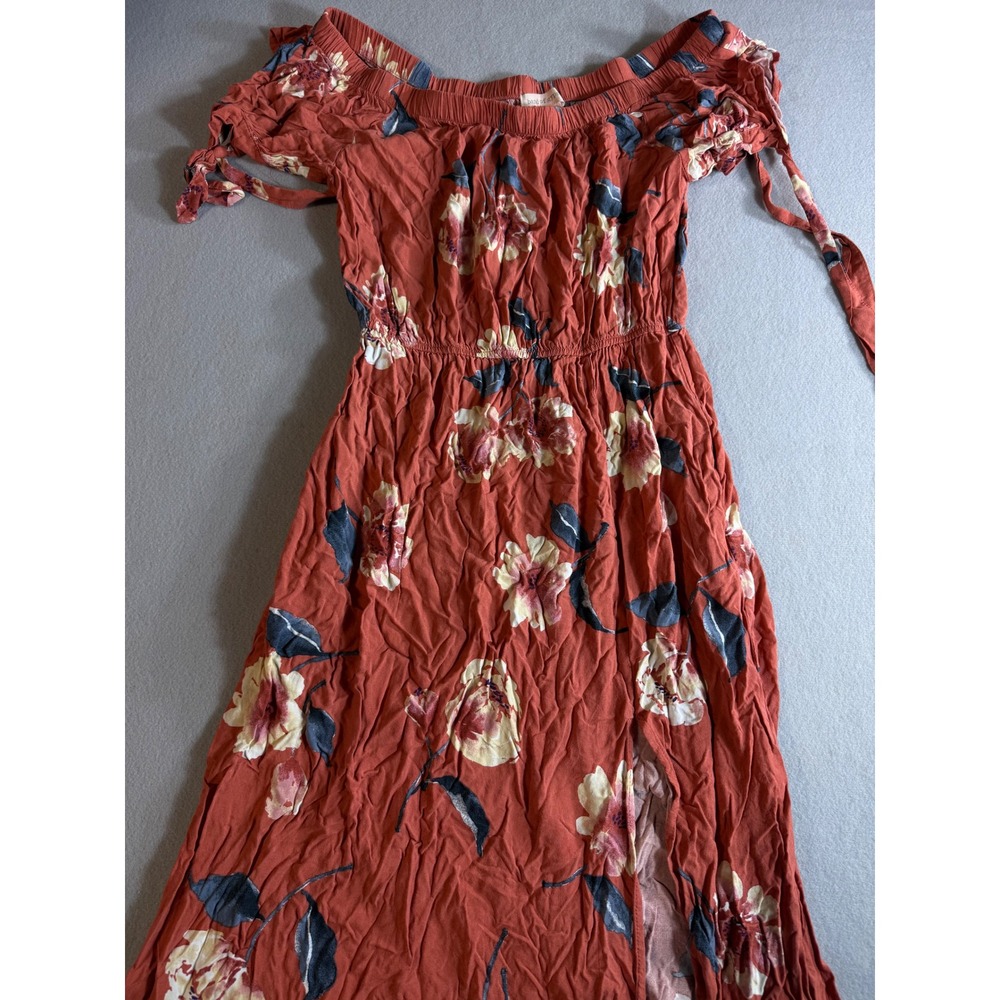 Band of Gypsies Floral Off Shoulder Maxi Dress Rust Orange Smocked Waist Large